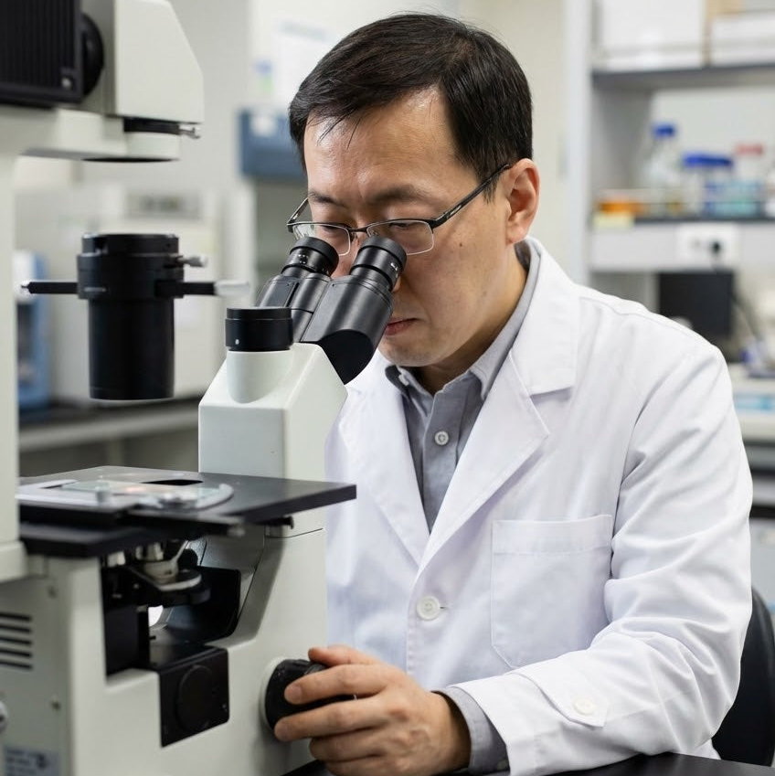 A Korean skincare researcher in a lab coat using a microscope in a laboratory setting