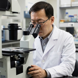 Dr. Jong-Kyung Youm examining a sample under a microscope in a skincare research lab