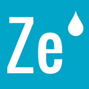 Logo with 'Ze' and a water droplet on a blue background