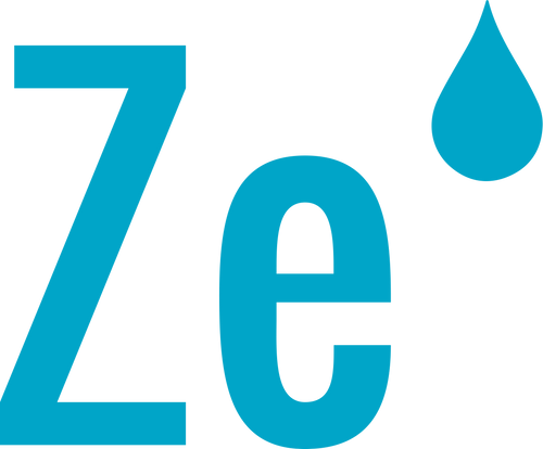 Blue 'Ze' logo with a water droplet on a transparent background