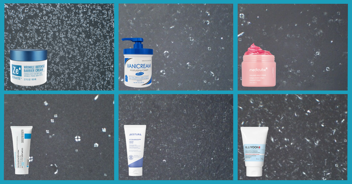A collage of six skincare products arranged in a 2x3 grid with a bright blue border. The products compare the maltese cross pattern between Zerafite, Vanicream, Medicube, La Roche Posay, Aestura, and Illiyoon where Zerafite shows the strongest maltese cross patterns of them all.