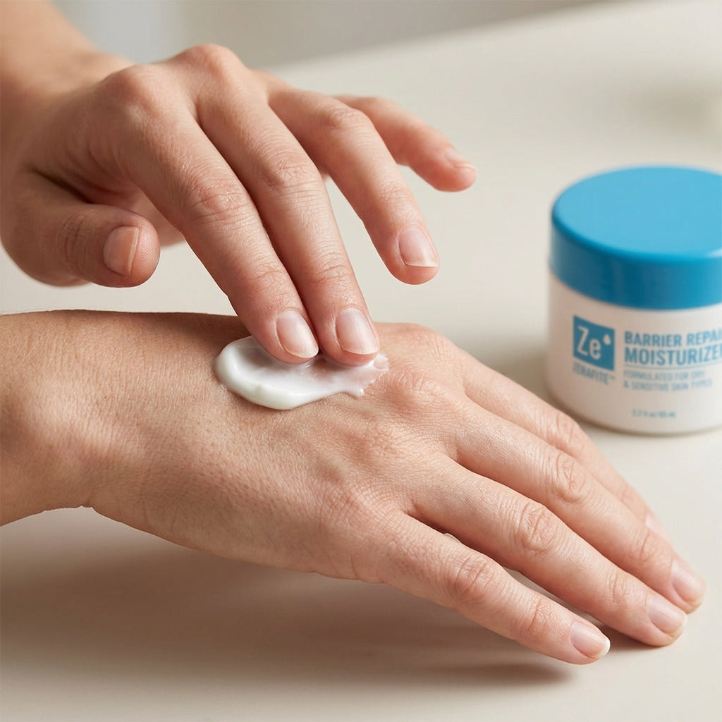 Two hands smoothing Zerafite Barrier Repair Moisturizer into the back of one hand, the closed jar alongside.