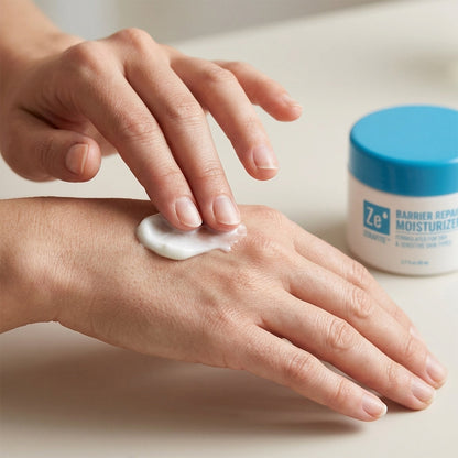 Two hands smoothing Zerafite Barrier Repair Moisturizer into the back of one hand, the closed jar alongside.