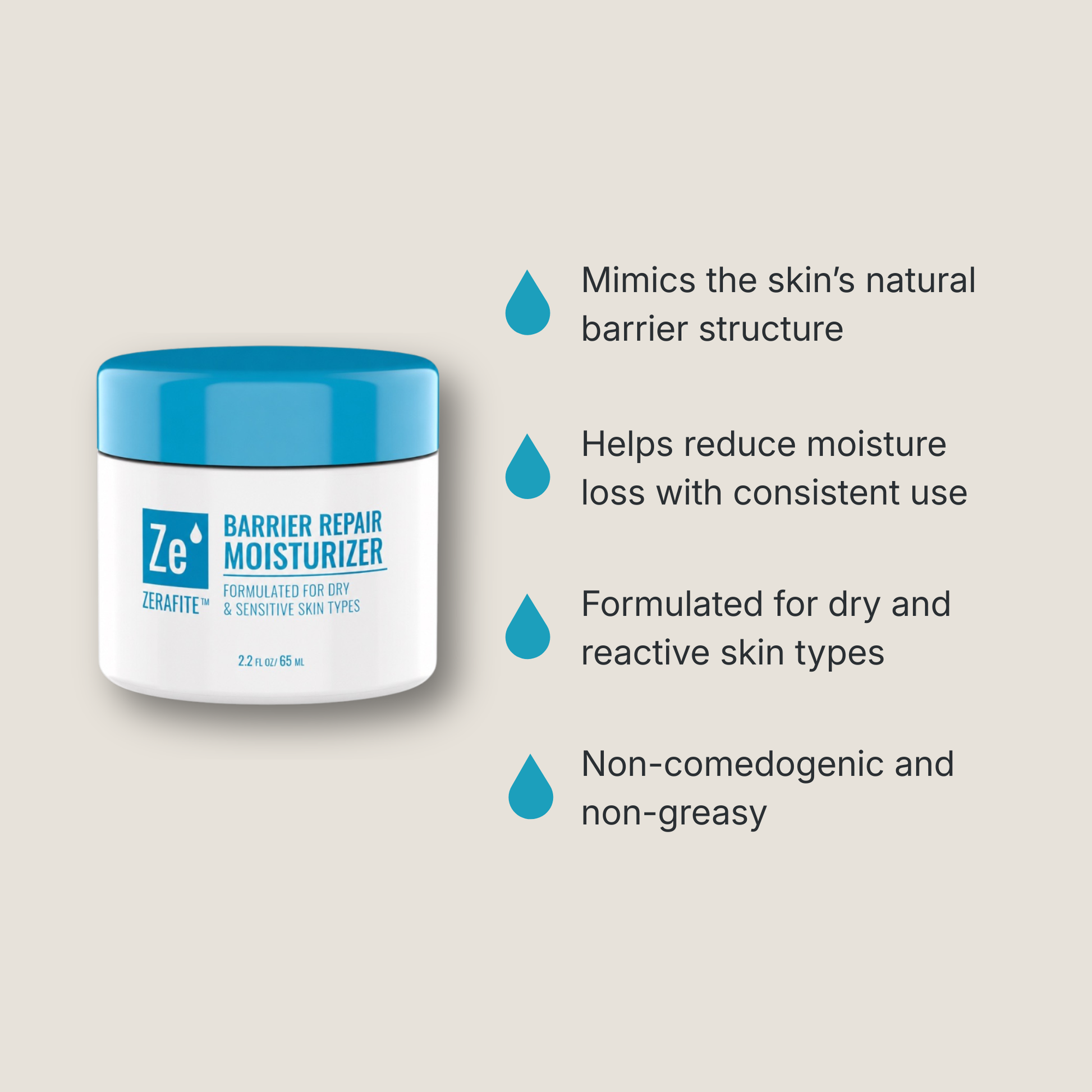 Zerafite Barrier Repair Moisturizer benefits: mimics the skin's natural barrier structure; helps reduce moisture loss with consistent use; formulated for dry and reactive skin types; non-comedogenic and non-greasy.