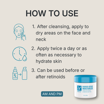 How to use Zerafite Barrier Repair Moisturizer, morning and night: one, after cleansing apply to dry areas on the face and neck; two, apply twice a day or as often as necessary to hydrate skin; three, can be used before or after retinoids.
