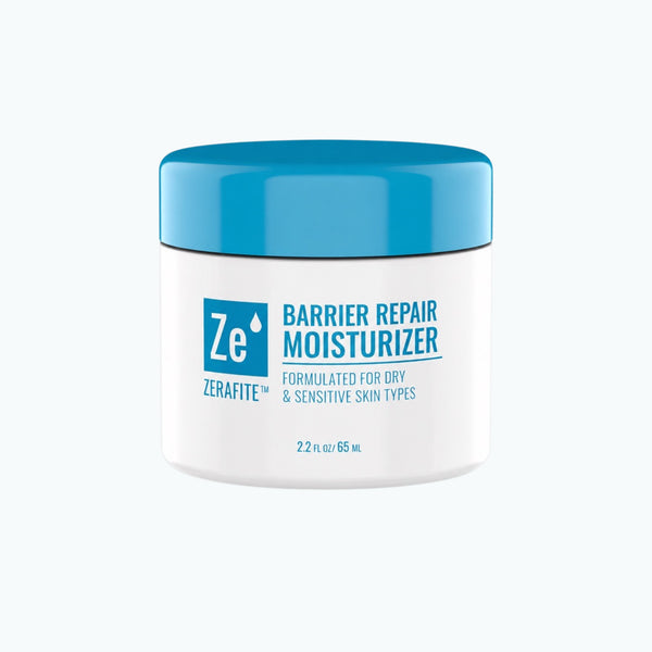Zerafite Barrier Repair Moisturizer in a 2.2 oz white jar with a blue lid.