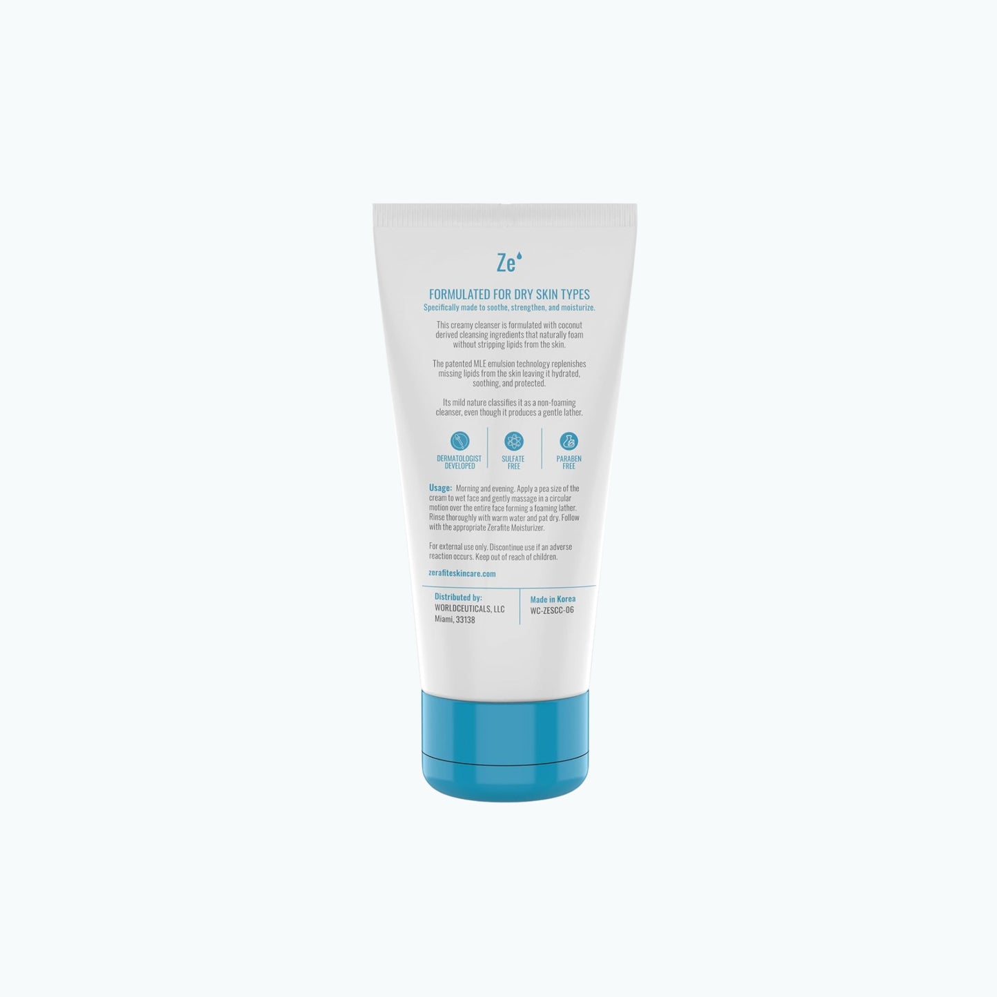 Back label of Zerafite Soothing and Calming Creamy Cleanser, describing its coconut-derived cleansing base and patented MLE emulsion technology, with sulfate-free and paraben-free marks and full directions.