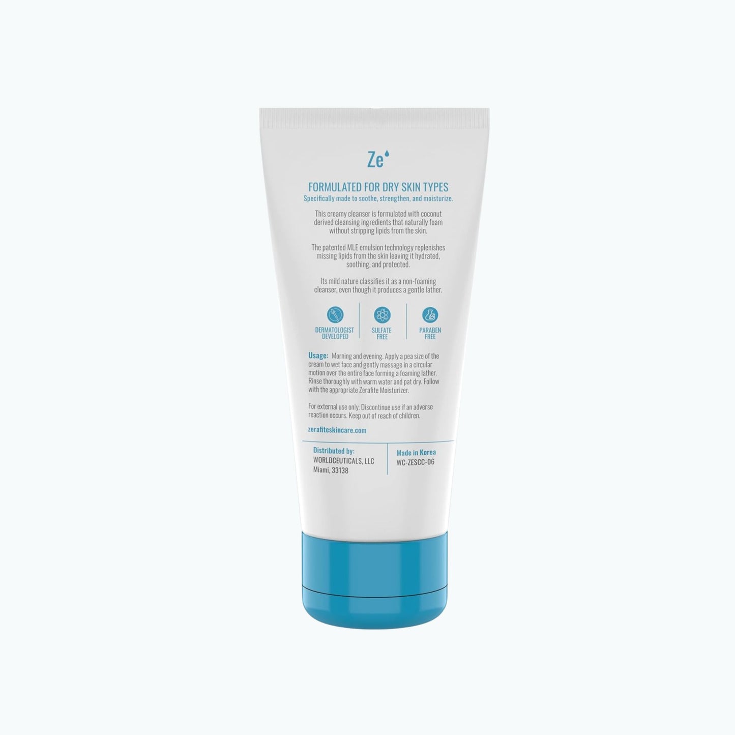 Back label of Zerafite Soothing and Calming Creamy Cleanser, describing its coconut-derived cleansing base and patented MLE emulsion technology, with sulfate-free and paraben-free marks and full directions.