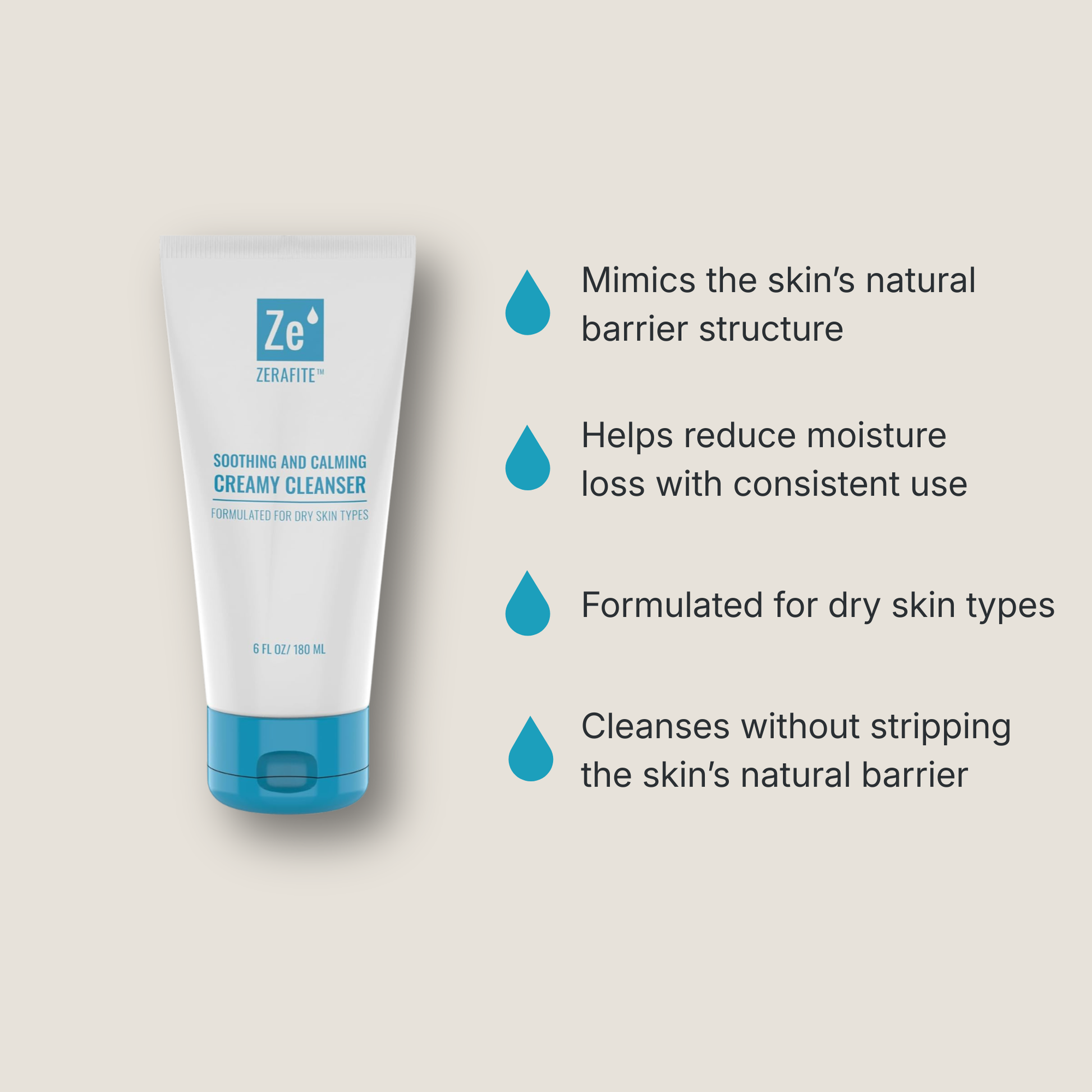 Zerafite Soothing and Calming Creamy Cleanser benefits: mimics the skin's natural barrier structure; helps reduce moisture loss with consistent use; formulated for dry skin types; cleanses without stripping the skin's natural barrier.
