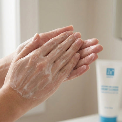 Two hands working Zerafite Soothing and Calming Creamy Cleanser into a light lather, the tube behind.