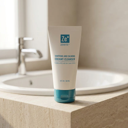 A tube of Zerafite Soothing and Calming Creamy Cleanser standing on a bathroom counter beside a sink and tap.