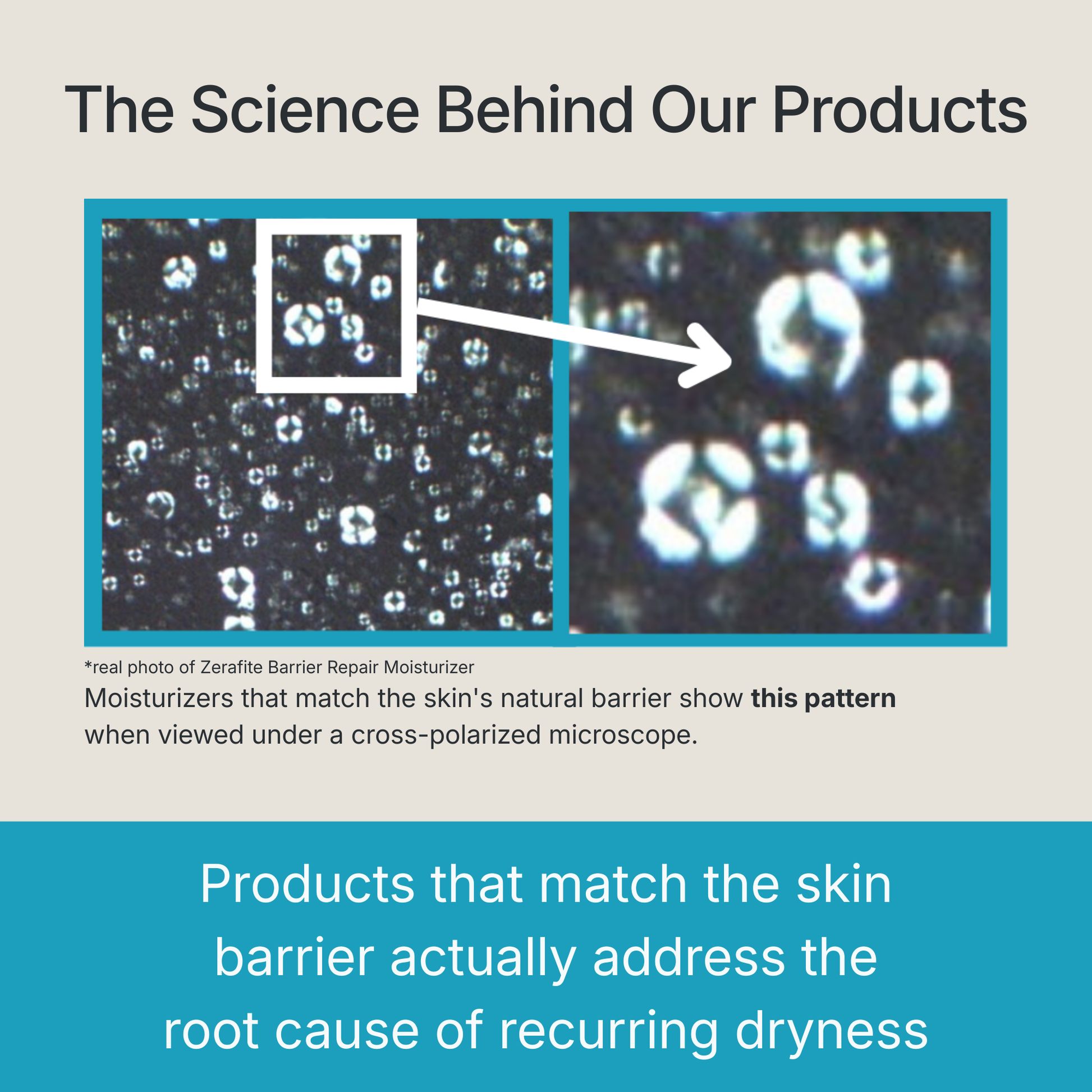 The science behind Zerafite products. A cross-polarized microscope photo of Zerafite Barrier Repair Moisturizer, magnified to show bright cross-shaped structures scattered across a dark field. Moisturizers that match the skin's natural barrier show this pattern. Products that match the skin barrier address the root cause of recurring dryness.