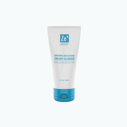 Zerafite Soothing and Calming Creamy Cleanser in a 6 oz white tube with a blue flip cap.