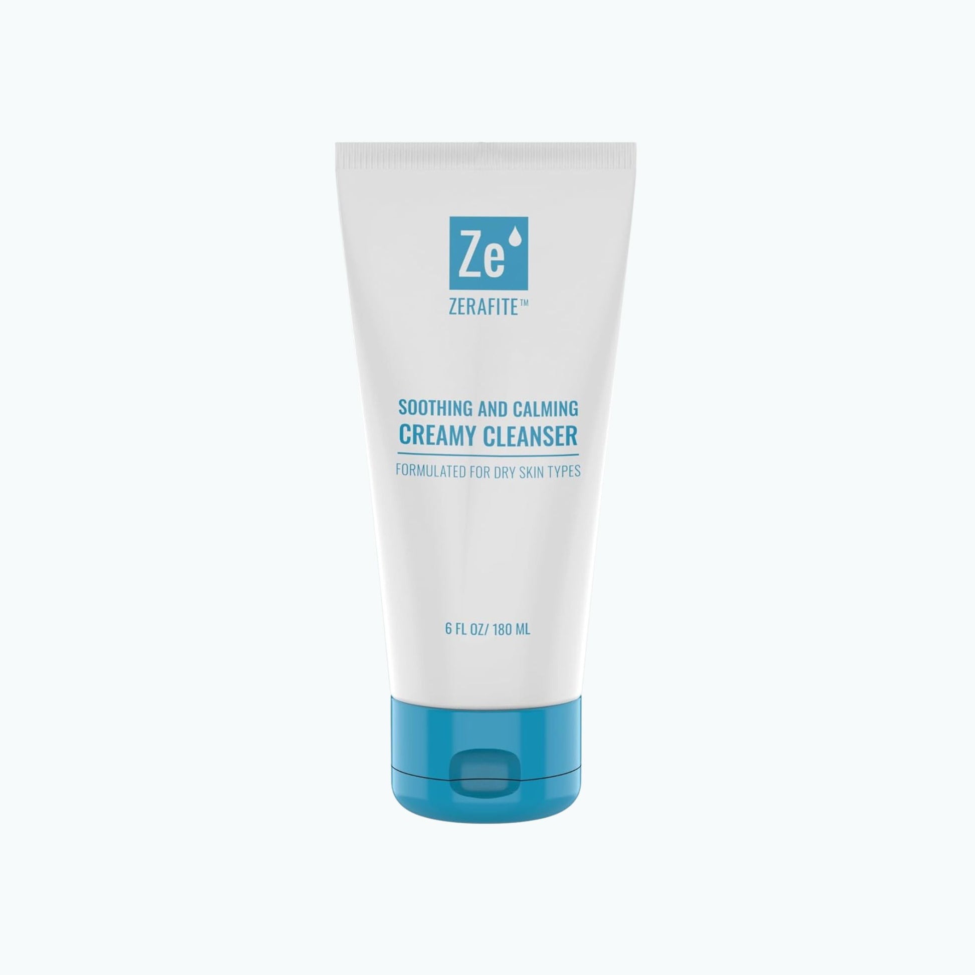 Zerafite Soothing and Calming Creamy Cleanser in a 6 oz white tube with a blue flip cap.