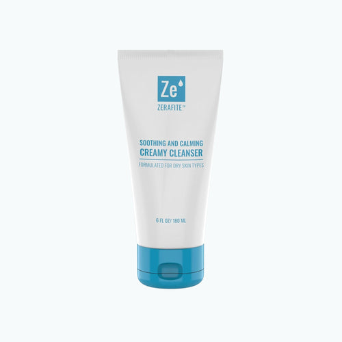 Zerafite Soothing and Calming Creamy Cleanser in a 6 oz white tube with a blue flip cap.