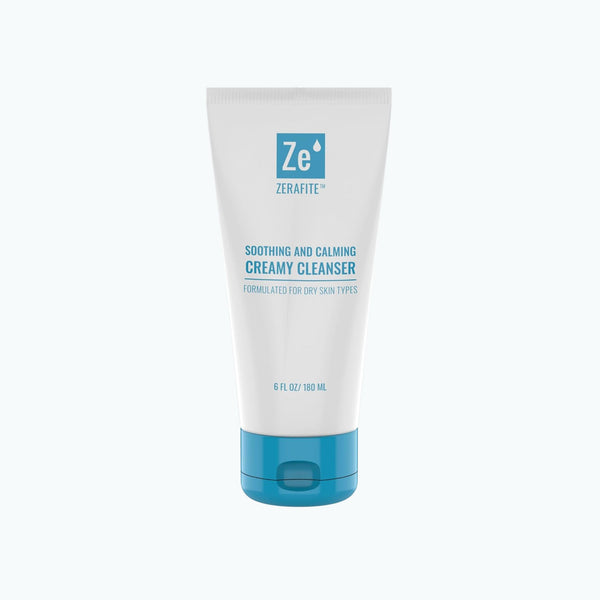 Zerafite Soothing and Calming Creamy Cleanser in a 6 oz white tube with a blue flip cap.