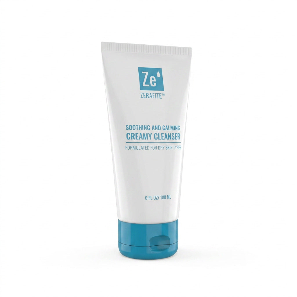 A tube of Zerafite Soothing and Calming Creamy Cleanser turned at an angle, showing its depth and cap.