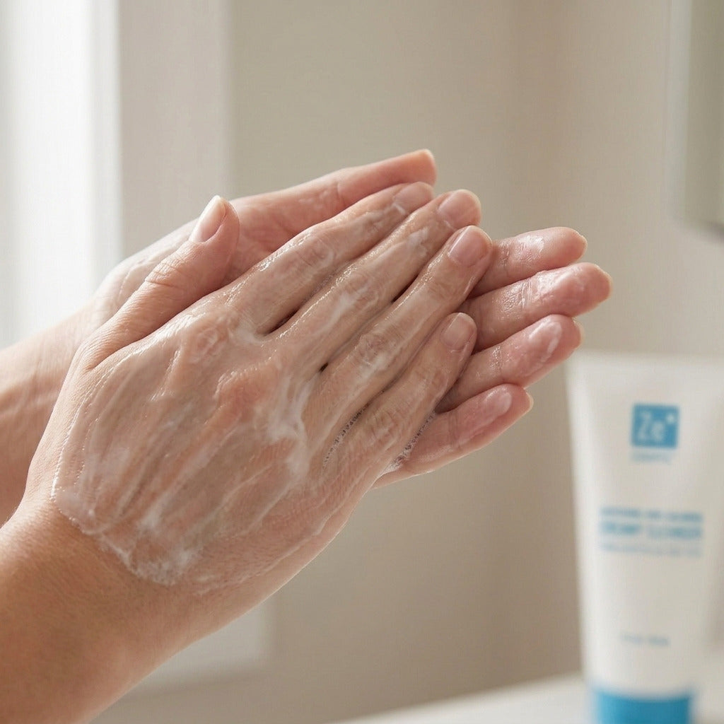 Two hands working Zerafite Soothing and Calming Creamy Cleanser into a light lather, the tube behind.