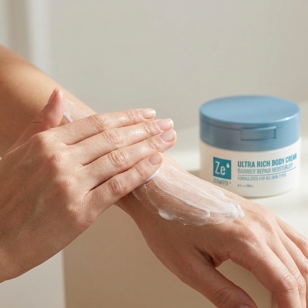 Two hands smoothing Zerafite Ultra Rich Body Cream along a forearm, the open tub behind.
