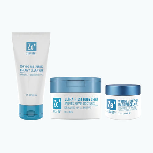 The Zerafite Essentials Bundle: the Soothing and Calming Creamy Cleanser tube, the Ultra Rich Body Cream tub and the Wrinkle Defense Barrier Cream jar side by side.
