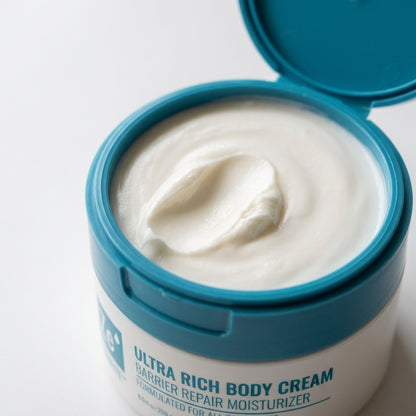 Open tub of Zerafite Ultra Rich Body Cream, showing thick white cream inside.