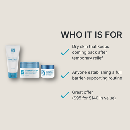 The Zerafite Essentials Bundle is for: dry skin that keeps coming back after temporary relief; anyone establishing a full barrier-supporting routine; and offers $140 of value for $95.