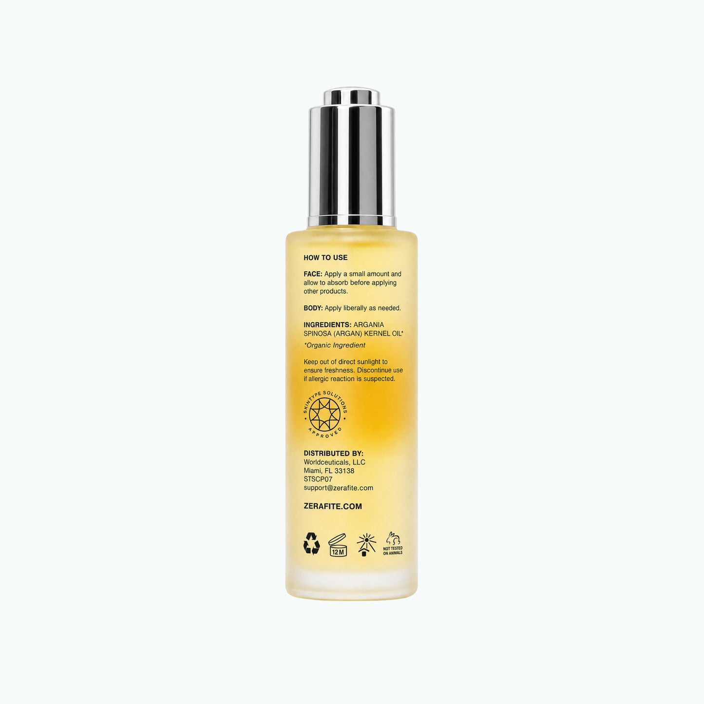 Back label of Paorr argan oil, listing how to use on face and body and the single ingredient, Argania spinosa kernel oil.