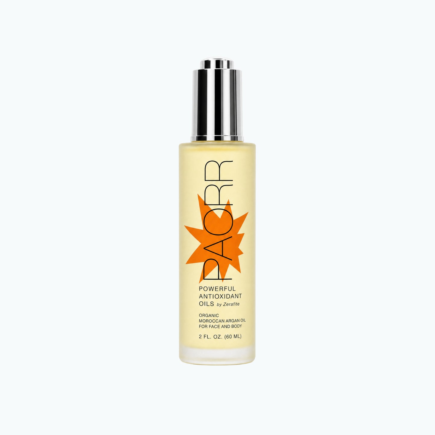 Paorr Powerful Antioxidant Oils by Zerafite, a 2 oz glass bottle of golden organic Moroccan argan oil with a silver pump.