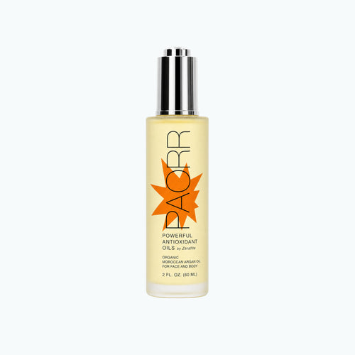 Paorr Powerful Antioxidant Oils by Zerafite, a 2 oz glass bottle of golden organic Moroccan argan oil with a silver pump.