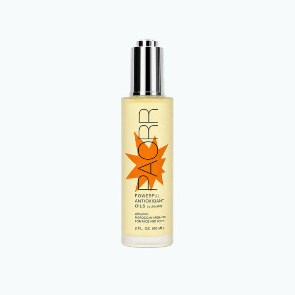 Paorr Powerful Antioxidant Oils by Zerafite, a 2 oz glass bottle of golden organic Moroccan argan oil with a silver pump.