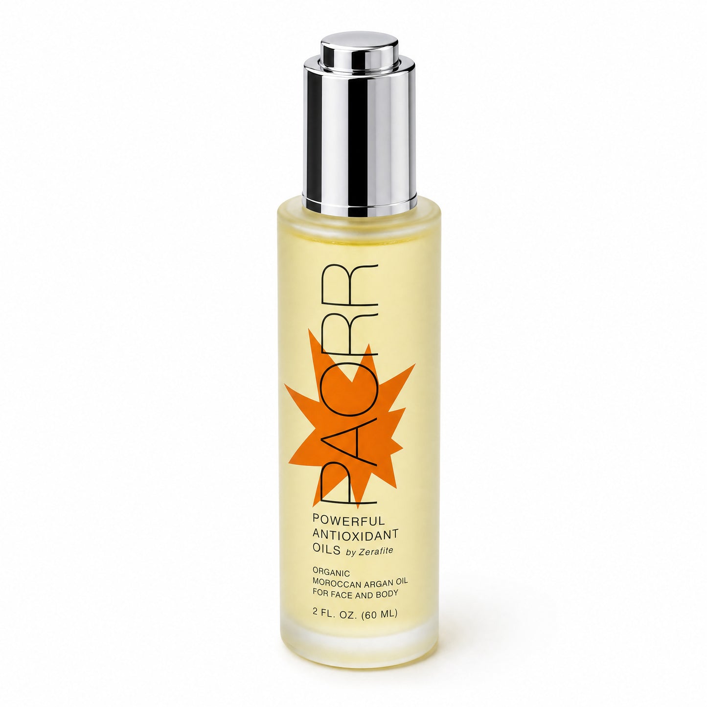 A bottle of Paorr organic Moroccan argan oil by Zerafite turned at an angle, the oil catching the light.