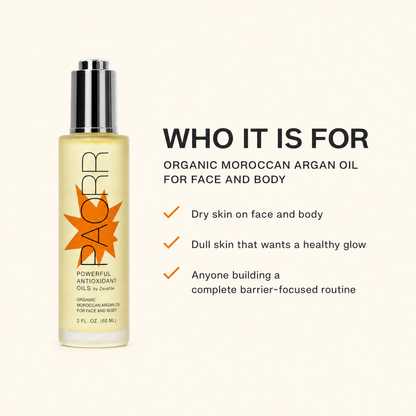 Paorr organic Moroccan argan oil for face and body is for: dry skin on face and body; dull skin that wants a healthy glow; anyone building a complete barrier-focused routine.