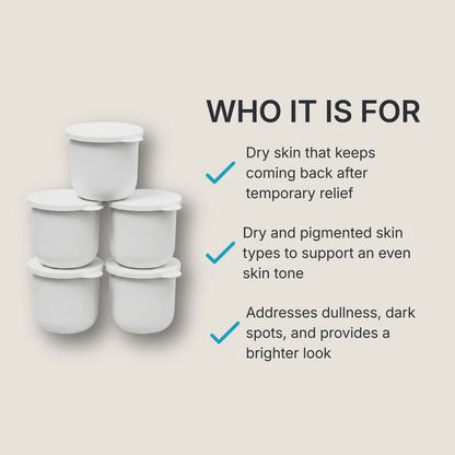 The Zerafite Skin Brightening Barrier Cream five-pod pack is for: dry skin that keeps coming back after temporary relief; dry and pigmented skin types wanting to support an even skin tone; skin with dullness and dark spots.