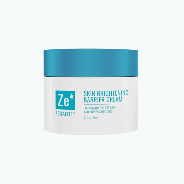 Zerafite Skin Brightening Barrier Cream in a 1.7 oz white jar with a teal lid.