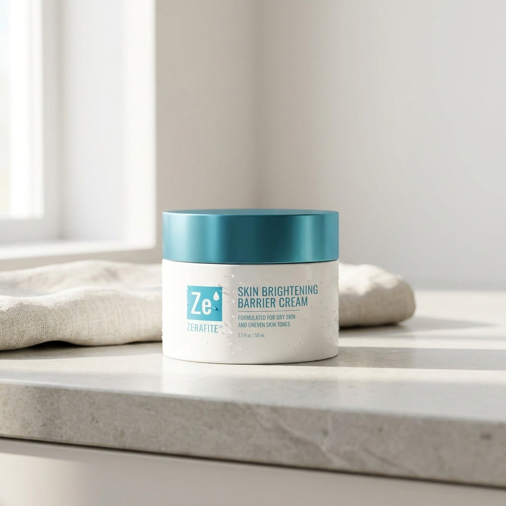 A jar of Zerafite Skin Brightening Barrier Cream on a bright bathroom counter beside a folded towel.