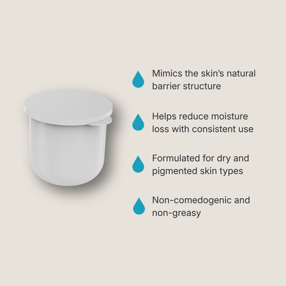 Zerafite Skin Brightening Barrier Cream refill pod benefits: mimics the skin's natural barrier structure; helps reduce moisture loss with consistent use; formulated for dry and pigmented skin types; non-comedogenic and non-greasy.