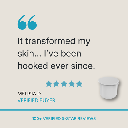 Five stars for Zerafite Skin Brightening Barrier Cream, shown beside the refill pod. “It transformed my skin... I’ve been hooked ever since.” Melisia D., verified buyer. Over 100 verified 5-star reviews.