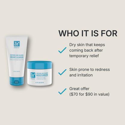 The Zerafite Soothing and Calming Bundle is for: dry skin that keeps coming back after temporary relief; skin prone to redness and irritation; and offers $90 of value for $70.