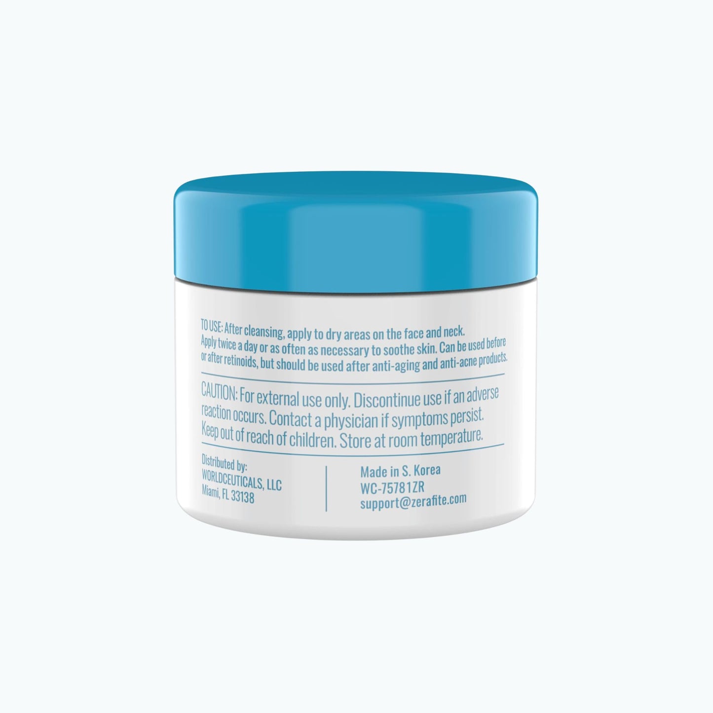 Back label of Zerafite Soothing and Calming Moisturizer, listing directions for use and caution text.