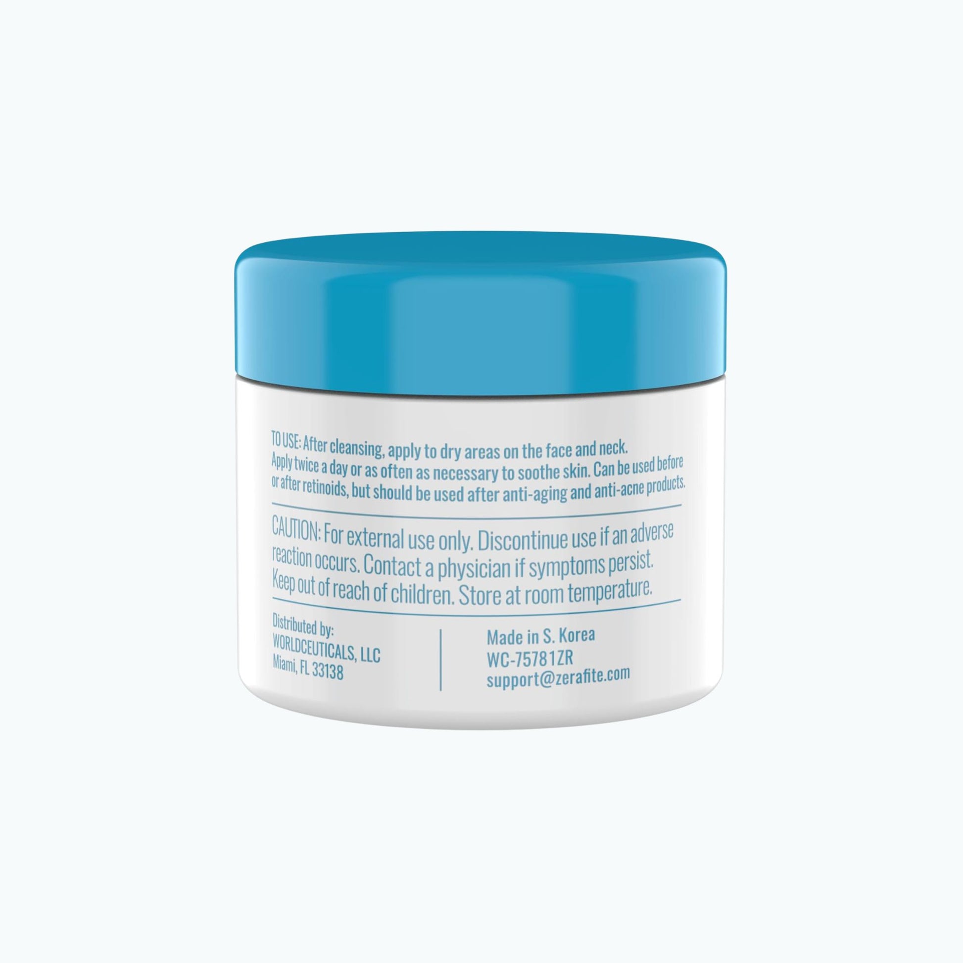 Back label of Zerafite Soothing and Calming Moisturizer, listing directions for use and caution text.