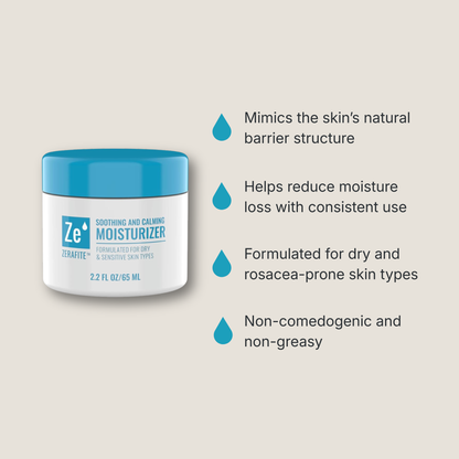 Zerafite Soothing and Calming Moisturizer benefits: mimics the skin's natural barrier structure; helps reduce moisture loss with consistent use; formulated for dry and rosacea-prone skin types; non-comedogenic and non-greasy.