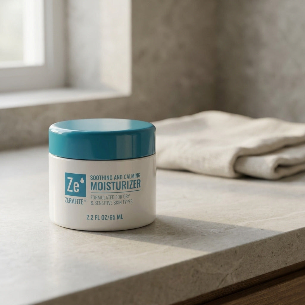 A jar of Zerafite Soothing and Calming Moisturizer on a pale stone bathroom counter beside a folded towel.