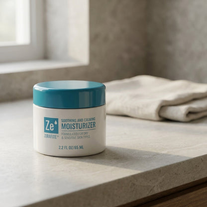 A jar of Zerafite Soothing and Calming Moisturizer on a pale stone bathroom counter beside a folded towel.