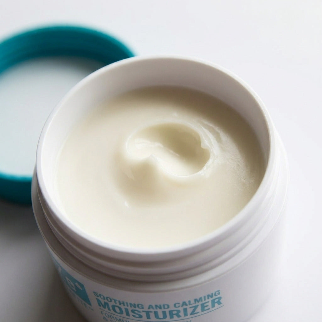 Open jar of Zerafite Soothing and Calming Moisturizer, showing thick white cream inside.