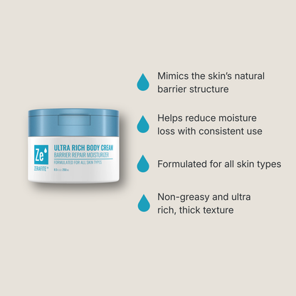 Zerafite Ultra Rich Body Cream benefits: mimics the skin's natural barrier structure; helps reduce moisture loss with consistent use; formulated for all skin types; non-greasy with an ultra rich, thick texture.