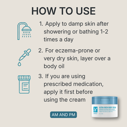 How to use Zerafite Ultra Rich Body Cream, morning and night: one, apply to damp skin after showering or bathing, one to two times a day; two, for eczema-prone or very dry skin, layer over a body oil; three, if you are using prescribed medication, apply it first before using the cream.