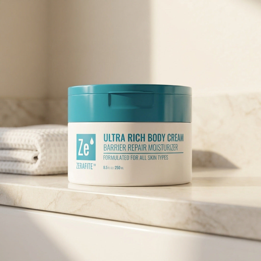 A tub of Zerafite Ultra Rich Body Cream on a marble bathroom counter beside folded white towels.