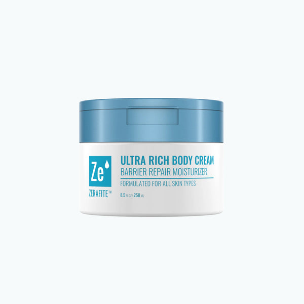 Zerafite Ultra Rich Body Cream in an 8.5 oz white tub with a blue lid.