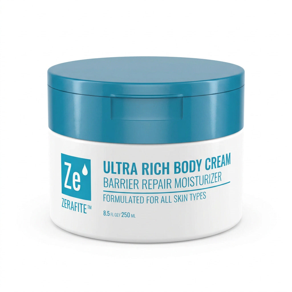 A tub of Zerafite Ultra Rich Body Cream turned at an angle, showing its size and lid.