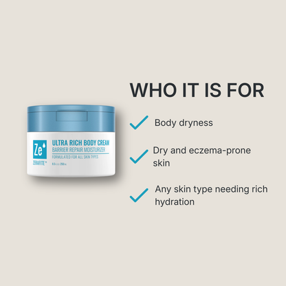 Zerafite Ultra Rich Body Cream is for: body dryness; dry and eczema-prone skin; any skin type needing rich hydration.